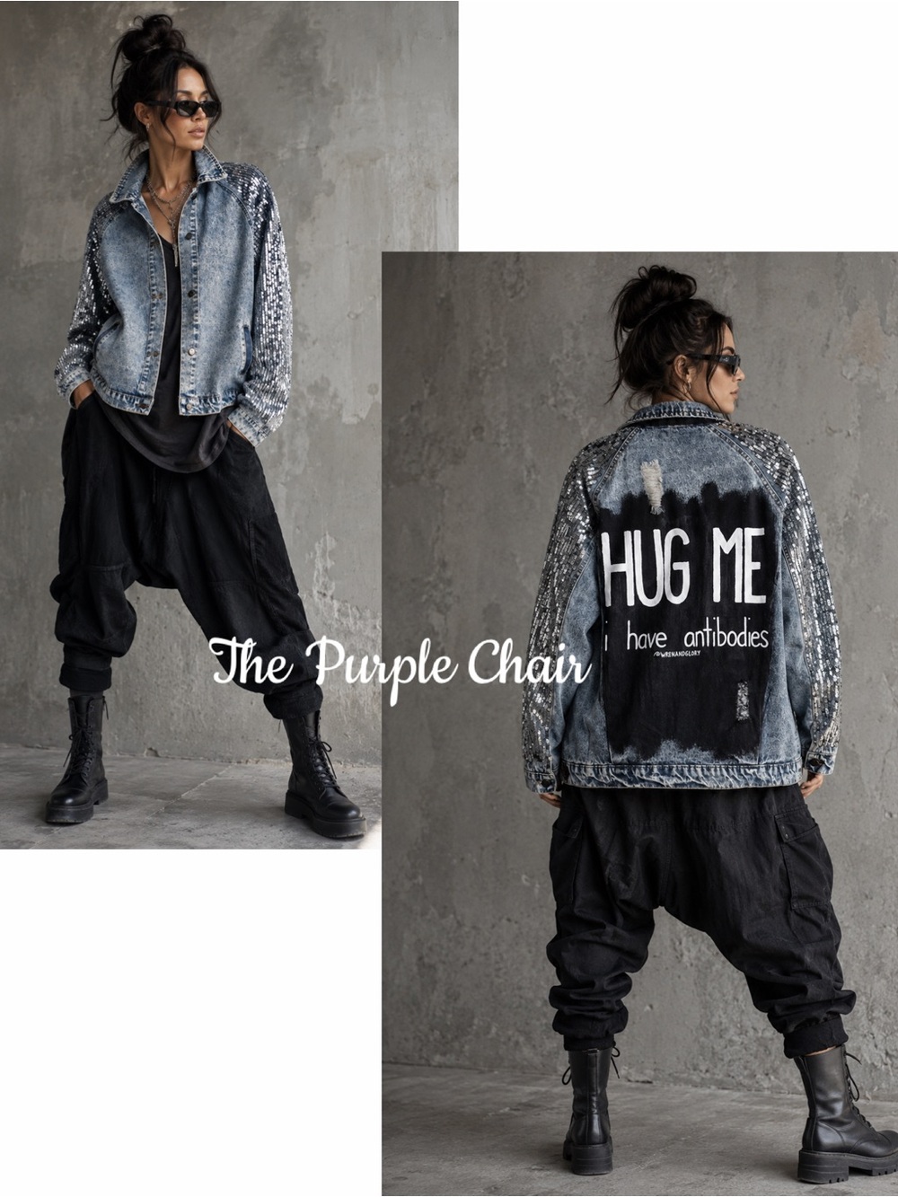 WREN + GLORY "Hug Me" Sequin Sleeve Wearable Art Button Up Jean Jacket